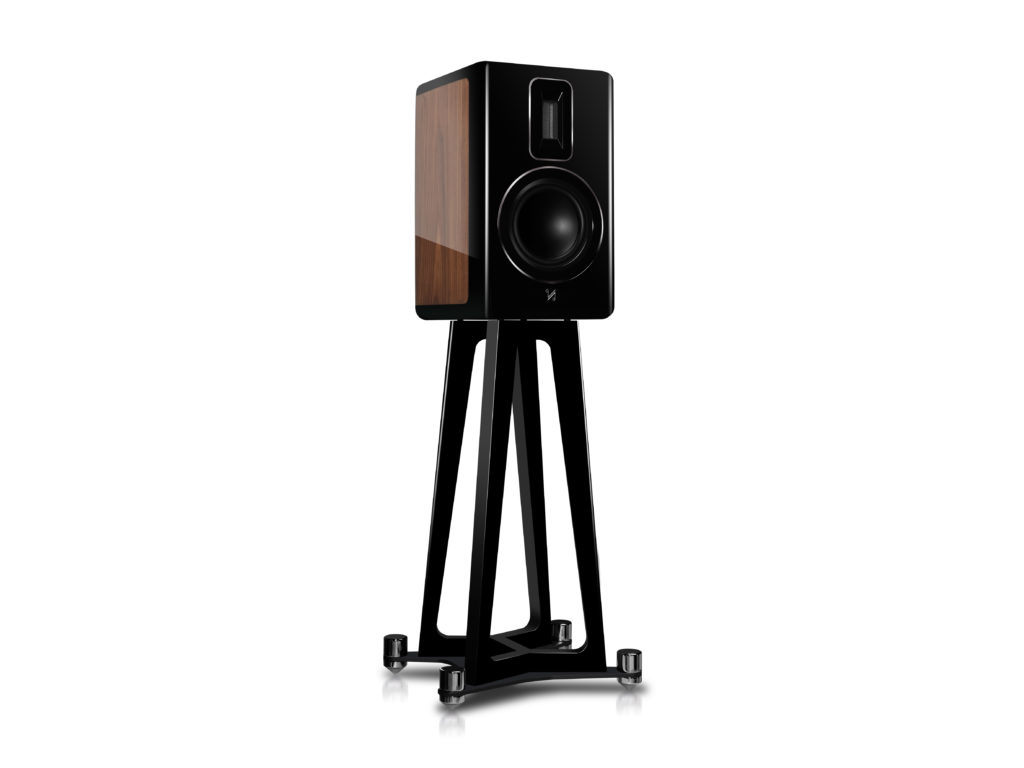 Quad's new Revela 1 speaker in walnut finish, on a stand